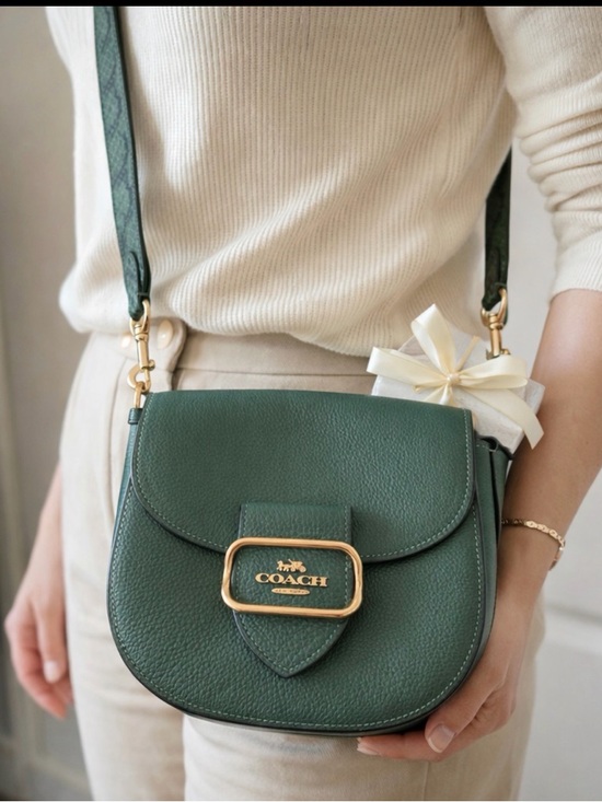 Coach Handbags - Coach Dark Green Pebbled Leather Saddle Crossbody with Gold Hardware